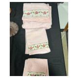 Collection of Vintage Pink Embroidered Towels and Depression Glass Dishes
