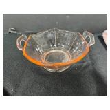 Collection of Vintage Pink Embroidered Towels and Depression Glass Dishes