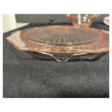 Collection of Vintage Pink Embroidered Towels and Depression Glass Dishes