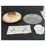 Vintage Entertaining Set with Glass Tray, Divided Serving Dish, Milk Glass Hand Dish, and Floral Napkins