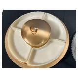 Vintage Entertaining Set with Glass Tray, Divided Serving Dish, Milk Glass Hand Dish, and Floral Napkins