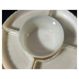 Vintage Entertaining Set with Glass Tray, Divided Serving Dish, Milk Glass Hand Dish, and Floral Napkins