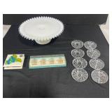 Vintage Home Decor Lot: Hobnail Milk Glass Pedestal Plate, Crystal Coasters, Salt and Pepper Shakers, Papel Match Holder