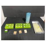 Lot of Enesco Porcelain Flower Figurines/Place Markers, Matchbooks, Blue Pillar Candle, and Taper Candles