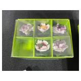 Lot of Enesco Porcelain Flower Figurines/Place Markers, Matchbooks, Blue Pillar Candle, and Taper Candles