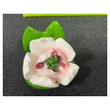 Lot of Enesco Porcelain Flower Figurines/Place Markers, Matchbooks, Blue Pillar Candle, and Taper Candles