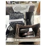 Assorted Office Ink Bottles, Storage Baskets, and Organizer Set