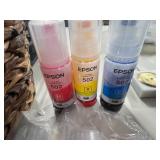 Assorted Office Ink Bottles, Storage Baskets, and Organizer Set