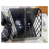 Assorted Office Ink Bottles, Storage Baskets, and Organizer Set