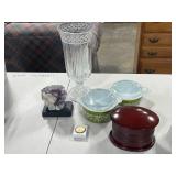 Decorative Home Lot: Crystal Vase, Pyrex Dishes, Wooden Jewelry Box, Amethyst Cluster on Stand, US Paperweight