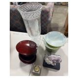 Decorative Home Lot: Crystal Vase, Pyrex Dishes, Wooden Jewelry Box, Amethyst Cluster on Stand, US Paperweight