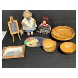 Lot of Handcrafted Wooden Signed Bowls, Lizzie High Folk Art Dolls, Framed Photo, and School Decor