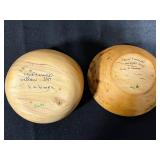 Lot of Handcrafted Wooden Signed Bowls, Lizzie High Folk Art Dolls, Framed Photo, and School Decor