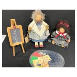 Lot of Handcrafted Wooden Signed Bowls, Lizzie High Folk Art Dolls, Framed Photo, and School Decor