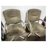Pair of Olive Green Upholstered Swivel Office Chairs with Distressed White Trim