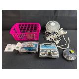 Household Hardware and Accessories Lot with Lock Sets, Bulbs, Fan, and Basket