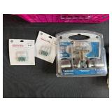 Household Hardware and Accessories Lot with Lock Sets, Bulbs, Fan, and Basket