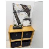 2 Abstract Canvas Art Pieces with Faux Succulents, Display Stands and Wooden Storage Cube w Fabric Containers