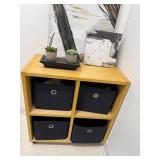 2 Abstract Canvas Art Pieces with Faux Succulents, Display Stands and Wooden Storage Cube w Fabric Containers