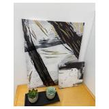 2 Abstract Canvas Art Pieces with Faux Succulents, Display Stands and Wooden Storage Cube w Fabric Containers