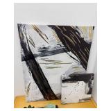 2 Abstract Canvas Art Pieces with Faux Succulents, Display Stands and Wooden Storage Cube w Fabric Containers