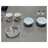 Assorted Tableware Set with Vintage Milk Glass "Grape" Salt & Pepper Shakers, Milk Glass Footed Dessert Bowls, Glass Dish, and Queen