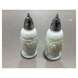 Assorted Tableware Set with Vintage Milk Glass "Grape" Salt & Pepper Shakers, Milk Glass Footed Dessert Bowls, Glass Dish, and Queen