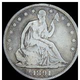 Semi Key 1891 Seated Liberty Half Dollar, Final Year, 200K Minted, Original Surfaces, VG+