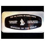 Singapore Airlines "Wonders of the World" Taj Mahal Silver Ingot w/Case & COA, .817 OzT @ .80 Fine, 38k Mintage