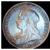 VF 1901 Great Britain Silver 1 Shilling, Prominent die crack, .181 OzT @ .925