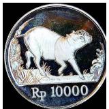 Proof 1987 Indonesia Silver 10,000 Rupiah Babi Rusa, 10K Mintage, KM#45, .625 OzT, details