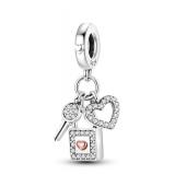 S925 Sterling Silver Charm - Heart & Lock & Key - Always Forever - Brand New