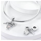 S925 Sterling Silver Charm - Heart & Lock & Key - Always Forever - Brand New