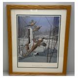 25" x 30 1/2" Framed Behind Glass Pencil Signed David Maas Print "Misty Morning Revisited Pheasants" Limited 1153/1200