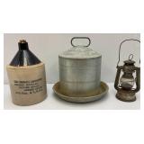 Vintage Primitive Items Including Small Oil Lamp, Whiskey Style Jug With Imprint And More