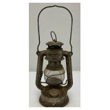 Vintage Primitive Items Including Small Oil Lamp, Whiskey Style Jug With Imprint And More