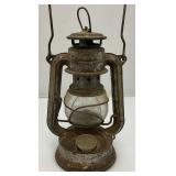 Vintage Primitive Items Including Small Oil Lamp, Whiskey Style Jug With Imprint And More