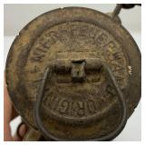 Vintage Primitive Items Including Small Oil Lamp, Whiskey Style Jug With Imprint And More