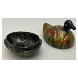 Antique Paper Mache Duck Trinket Box Hand Painted With 22K Gold Leaf 3 1/2" x 4"