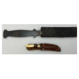 9 3/4" Throwing Knife And Miniature 4" Straight Blade Knife With Leather Sheath