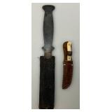 9 3/4" Throwing Knife And Miniature 4" Straight Blade Knife With Leather Sheath