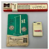 Misc. Cool Collectibles Including Miniature Lyondell Petrochemical Company Oil Jug Tape Measure, Sterling Multiplier Pencil Box & More