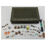 Vintage Jewelry Box With Misc. Earrings, Cuff Links And More