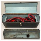 Vintage Metal Tool Box With Very Old Tools And Newer Jumper Cables