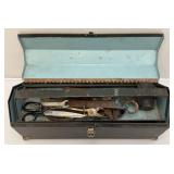 Vintage Metal Tool Box With Very Old Tools And Newer Jumper Cables