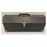 Vintage Metal Tool Box With Very Old Tools And Newer Jumper Cables