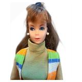 Vintage Midge Barbie Doll - Olive-Green Knit Turtleneck Jumpsuit With Multicolor Striped Coat