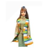 Vintage Midge Barbie Doll - Olive-Green Knit Turtleneck Jumpsuit With Multicolor Striped Coat