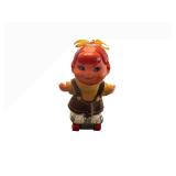 Small Shots Vintage Doll on Roller Skate Board - Red Hair, Yellow Knit Sweater, Brown Pinafore Dress
