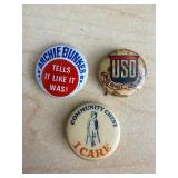 Vintage Archie Bunker Button Set - USO - Community Chest I Care (3-Pc)